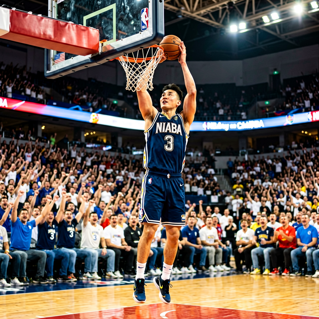 NBA篮球比赛中球员扣篮的精彩瞬间，球馆内观众热情欢呼